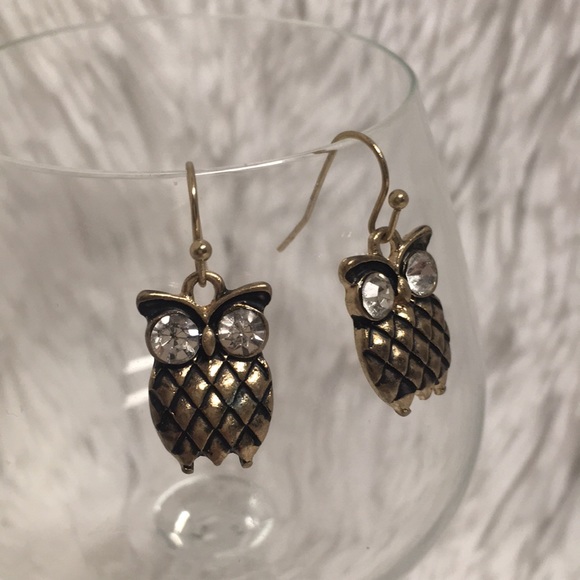 Antiqued Bronze & Crystal Owl Earring Set - Picture 2 of 8